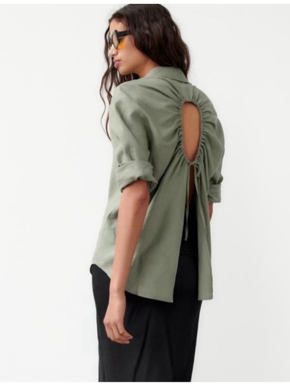 Zara Olive Linen Open-Back Top S